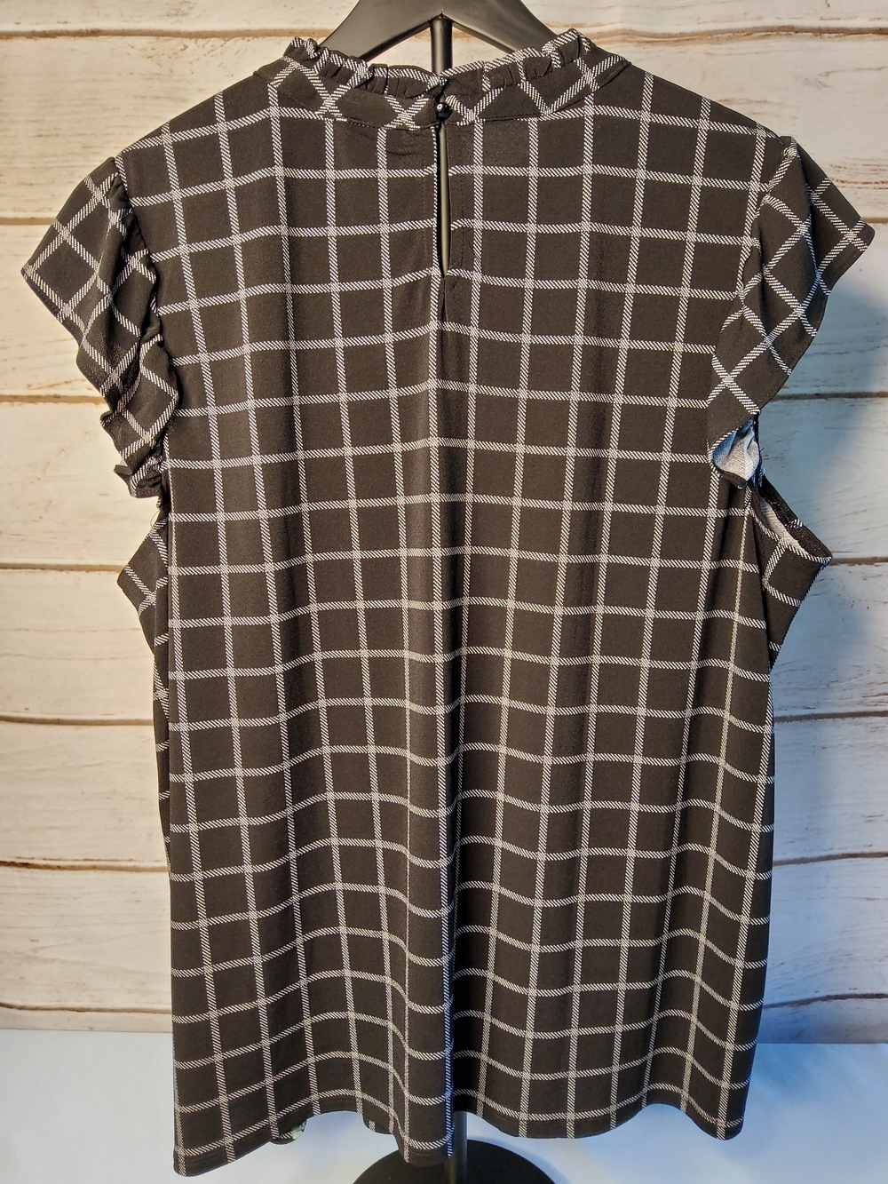Elle Black Windowpane Blouse with Pink Floral Hem - Picture 2 of 7